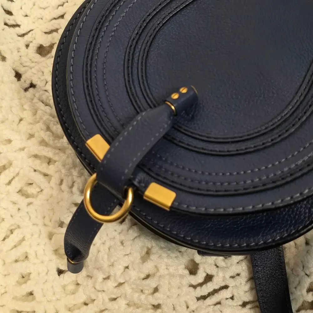 Chloé Marcie Small Saddle Crossbody Bag Navy Blue Grained Leather Gold Hardware